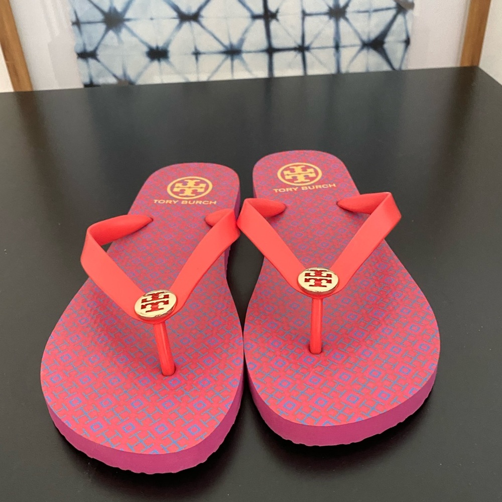 Tory Burch red and pink flip flops